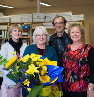 Otago University Press publisher Wendy Harrex with Fiona Moffat (Senior Production Editor, left), Neil Brown (Archetype Allen & Unwin, centre) and new Otago Publisher Rachel Scott (right).